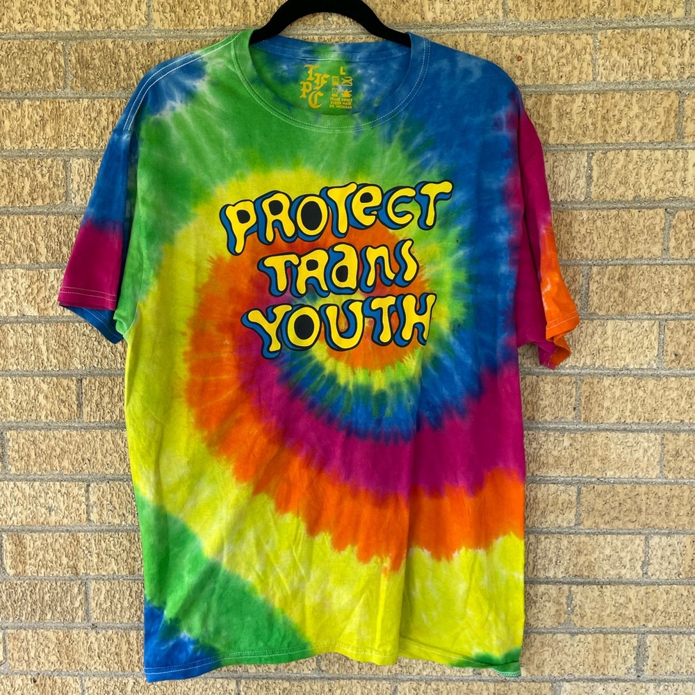 Protect Trans Youth Rainbow Tie-Dye Short Sleeve Tee by Transfigure Print Co - Picture 4 of 6